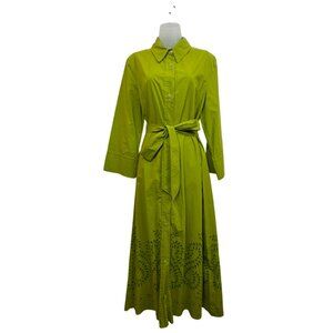 Zara Chartreuse Green Cotton Eyelet Lace Eyelet Midi Shirt Dress Size XL